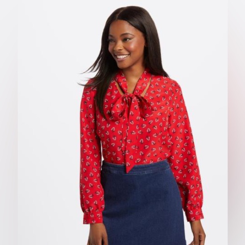 Draper James necktie red floral long sleeve blouse